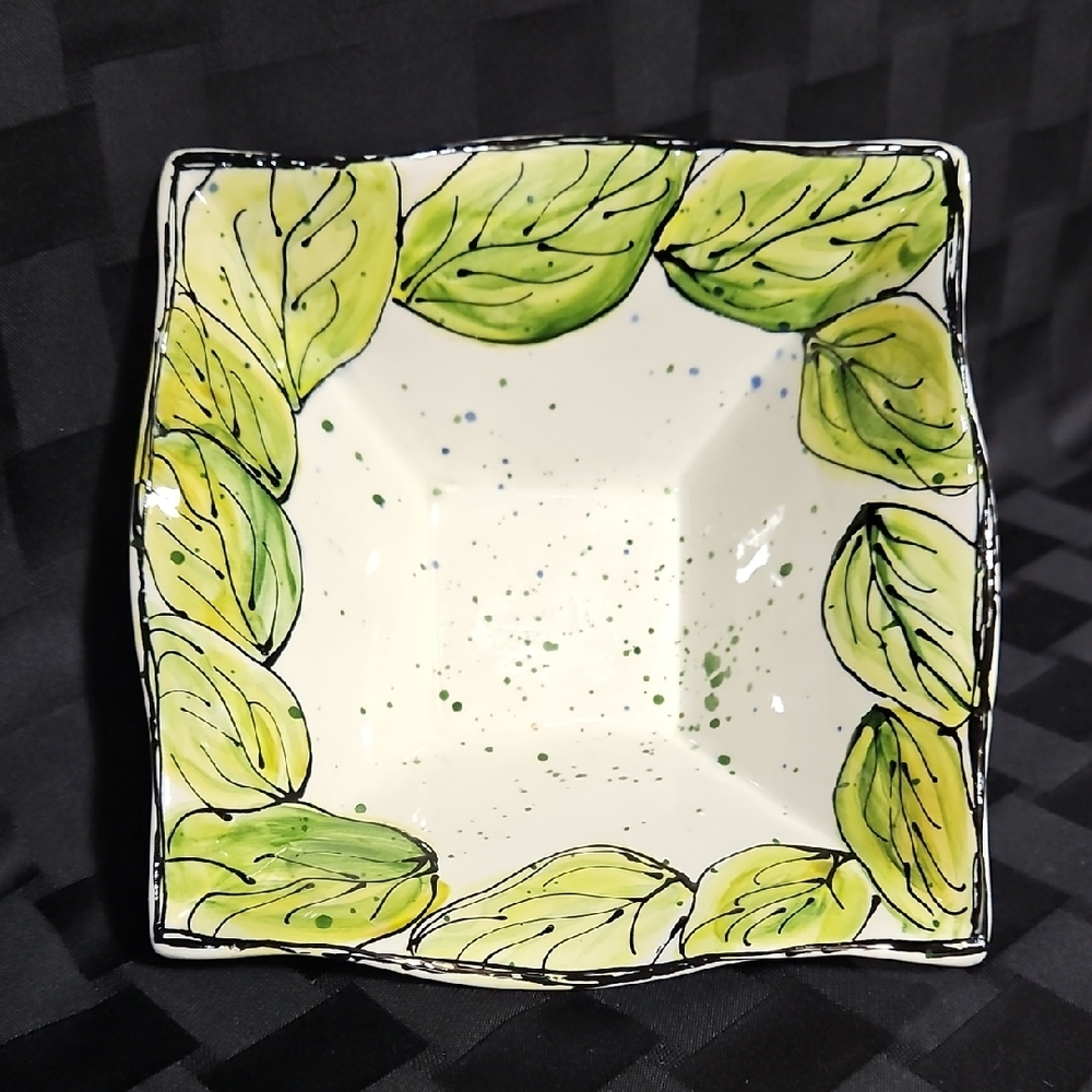 Angel Heart Designs Ceramic Square Bowl Hand Painted Leaf Botanical Speckled